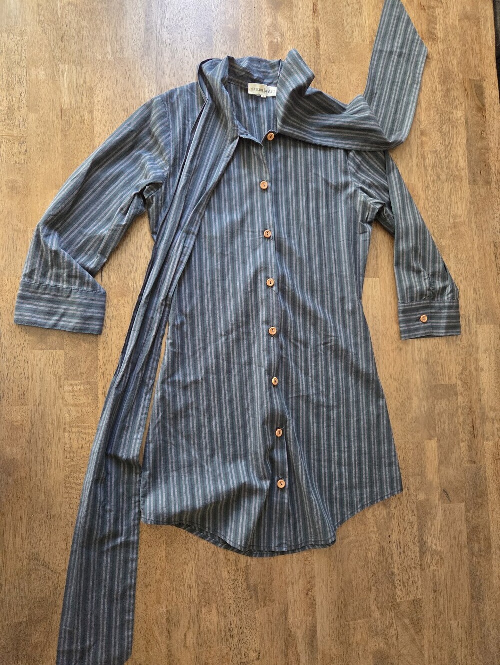 Samantha Pleet Unique Whimisical Asymmetric Tie Neck Long Pinstripe Blouse
